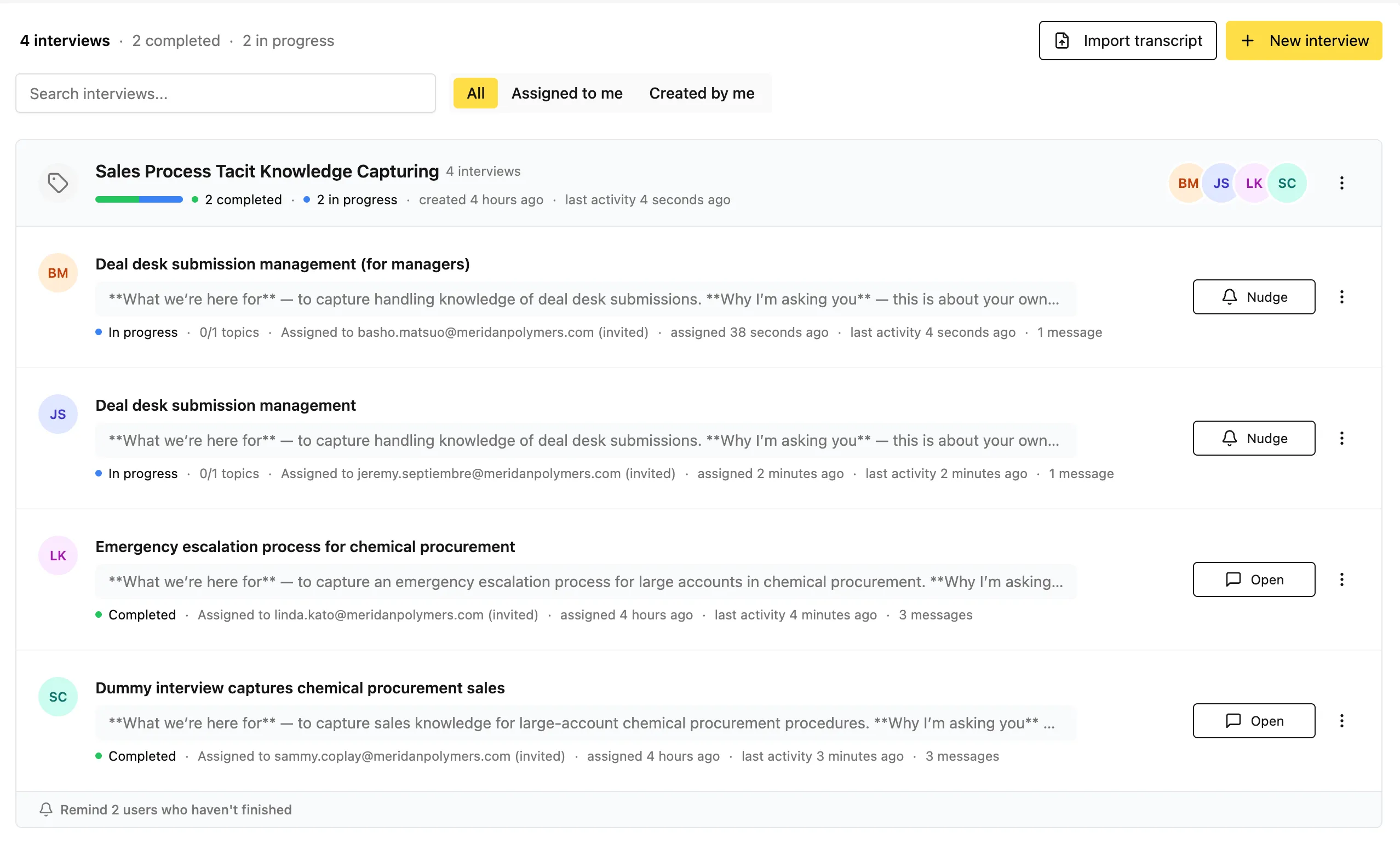 Clarifeye interview campaign screen showing a "Sales Process Tacit Knowledge Capturing" campaign with four interviews, two completed and two in progress, each listing the assigned expert and message count.